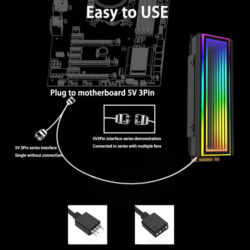 OwlTree ARGB M.2 Heatsink SSD Heat Sink with Thermal Pads, Aluminum 2280 M2 5V 3Pin Addressable RGB Sync OPENRGB NVME Heatsink for M.2 2280 Nvme SSD - Image 3